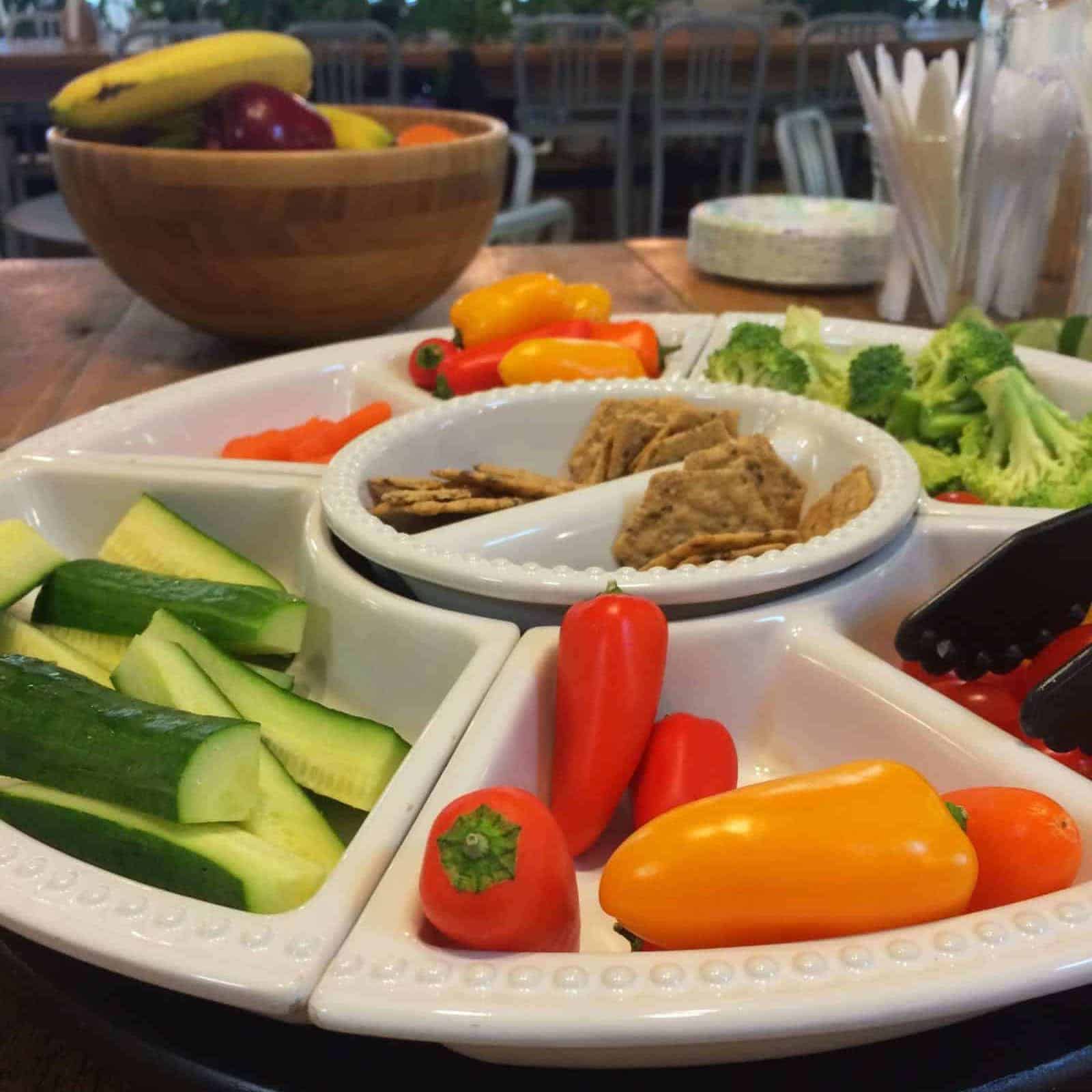 Close up of party platter with veggies.