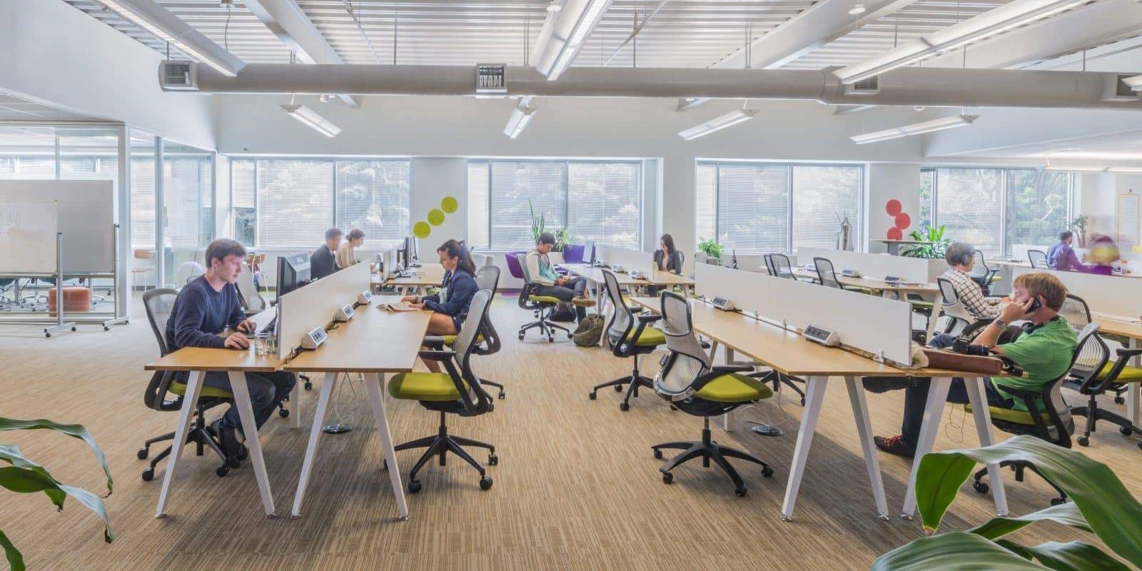 Image of our coworking area with several people working hard on their work.