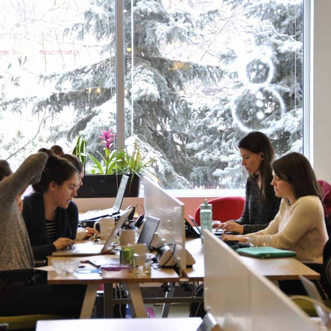 Women working hard on their project in the NGIN Workplace Cambridge Coworking area.